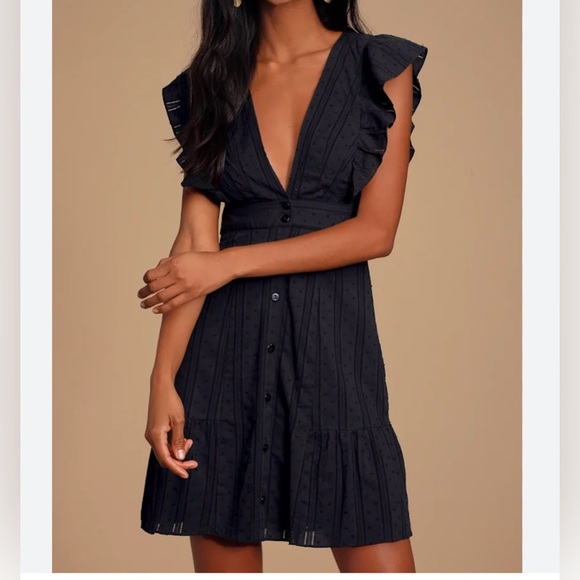 NEW Lulu's Blue Plunge Neck Flutter Sleeve Mini Dress size M - Picture 1 of 12
